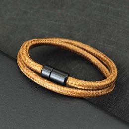 Charm Bracelets Noter New Minimalist Wax Rope Bracelet Men Double Layer Magnet Buckle 6mm Cord Chain Braclet Outdoor Camping Leisure Accessories Y240510