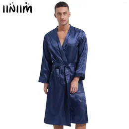 Home Clothing Mens Silky Satiny Bathrobe Nightwear Long Sleeve Open Front With Waist Belt Side Pockets Kimono Mid Robe Pyjamas Nightgown