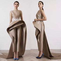 2020 New Appliques Women Jumpsuits Evening Dresses Ruffle Peplum Elegant Sleeveless Prom Party Dress Long Train Formal Gowns plus 152 275r