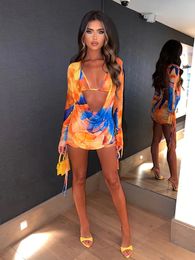 Townlike Sexy 3 Pieces Set Women Long Sleeve Crop Top And Mini Skirts And Bra Slim Three Piece Set Spring Summer Outfits 240514