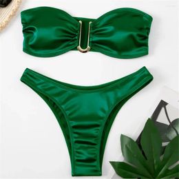 Women's Swimwear Bikini Set Sexy Green Strapless U Shaped Bandeau Women Swimsuits Female High Cut Bathing Suit Bathers Biquinis