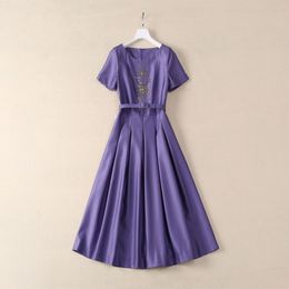 2024 Summer Purple Solid Colour Beaded Dress Short Sleeve Round Neck Rhinestone Midi Casual Dresses S4W140509 Plus Size 3XL XXXL