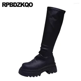 Boots Brown Long Platform Stretch Women Knee High Fur Lined Round Toe Slim Chunky Shoes Heels Zipper Thick Sole Tall Cow Leather