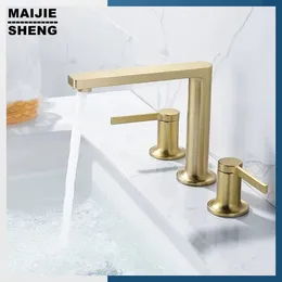 Bathroom Sink Faucets Rushgold Faucet Cold And Copper 3 Holes Gold Luxury Washing Basin Mixer Tap