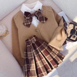 Clothing Sets 1-8 Year Spring Autumn Kids Clothes Girl Jk Uniform 3Pcs Set College Style Knitted Cardigan Coat Shirt Pleated Skirt Suit
