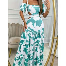 Summer style womens printed one line collar elastic waist large hem long vacation maxi dresses maxi sleeves dresses casual dresses for women designer Long skirt 0DYQ