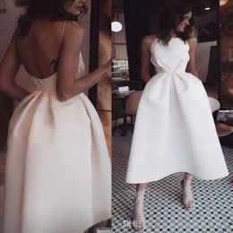 Sexy Cheap Little Satin Short Prom Dresses Simple Ruched Backless Tea Length Formal Prom Dresses Party Gowns With Pocket Ogstuff Vestid 241D