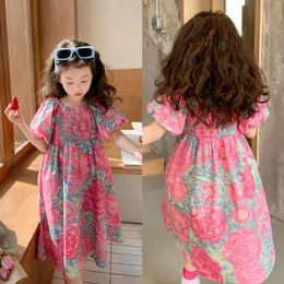 Girl Dresses Summer Baby And Girls All-Over Floral Print Pleated Puff Sleeves Elegant Princess Kids Sweet Skirt Children Outfit 2-8Yr