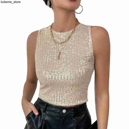 Women's Tanks Camis Women Glittery Sequin Crop Tops Vest Ladies Party Vest Casual Solid Colour Sleeveless T-shirt Camisole for Rave Dancing Club Wear S24514