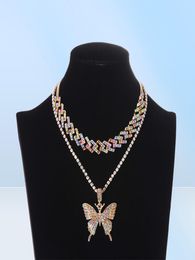 Iced Out Cuban Link Butterfly Set Ice Choker Necklace Women Blinged Chain chocker Hip Hop Pendant Jewelry4722260