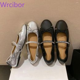 Casual Shoes Women's Flats Genuine Leather Sheepskin Ballet Fairy Style Soft And Prone Round Toe Black Silvery Buckle Strap