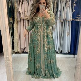 Elegant Moroccan Kaftan Formal Evening Dresses Gold Lace Appliques A Line Arabic Muslim Sage Special Occasion Dresses Floor Length Bead 324u