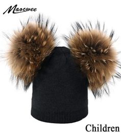 Beanie Hat For Children With Double Real Fur Pompons Knitted Winter Solid Color Hat For Kids Outdoor Warm Gorros Skullies Caps LJ22914115