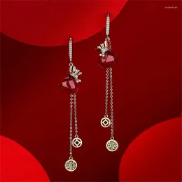 Stud Earrings Year Red For Women Chinese Style Festive Good Luck Metal Tassel Pendant Charm Ear Hook Party Creative Jewellery Gifts