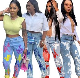 Women Designer Jeans Pant Flame Letter Printing Jacquard Paris Sets Denim Casual Pants Black Blue Grey S-2XL