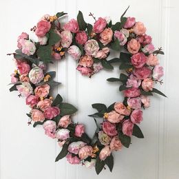 Decorative Flowers Simulation Rose Artificial Wreaths Silk Peony Romantic Heart Shape Garland For Wedding Party Decoration
