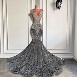 Sexy Long Sparkly Prom Dresses 2023 Sheer O-neck Luxury Silver Crystals Diamond Sequin Mermaid Black Girl Evening Party Gowns Robe De S 253f