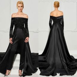 2022 Black Lace Jumpsuits Evening Dresses With Detachable Train Off The Shoulder Beaded Formal Gowns Long Sleeves Sequined Prom Dress B 270w