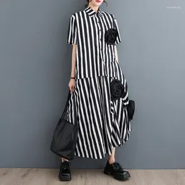 Work Dresses #2702 Summer Black And White Striped Two Piece Skirt Set Loose Spliced Flower Korean Style Short Sleeve Shirt Outfits