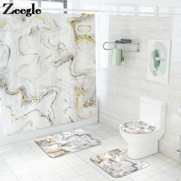 Bath Mats Mat And Waterproof Shower Curtain Set Marble Print Toilet Absorbent U-Shaped Rug Anti-slip Floor Carpet