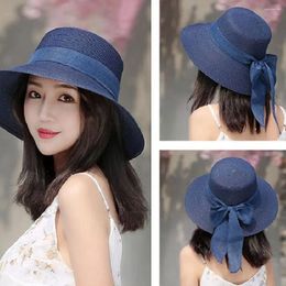 Wide Brim Hats Woman Outdoor Foldable Bowknot Ribbon Sun Visor Sunscreen Beach Cap British Style Top Hat Weave Straw