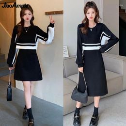 Casual Dresses Women Spring Autumn Fashion Patchwork Mini Dress Korean Lady Sports Black Stripe Long Sleeve 2024 Clothing Female