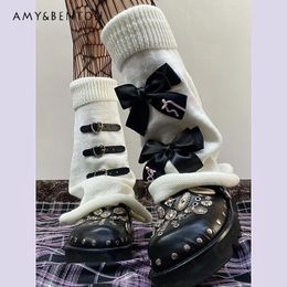 Women Socks Handmade Harajuku Style Gothic Y2K Bow Love Leather Ring Street Hip-Hop Punk Warm Thicken Knitting Warmer