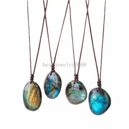 Natural Labradorite Blue Moonlight Stone Water Drop Raw Polished Stone Pendant Necklace for Women Party Jewelry Gift