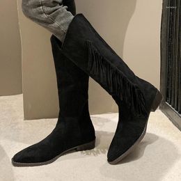 Boots 2024 Shoes Female Knee-High Women's Fashion Fringe Modern Women Sexy Pointed Toe Square Heel Zapatos