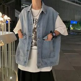 Oversized Blue Denim Vest for Men Vintage Korean Sleeveless Basic HarajukuTank Top Jeans Jacket 240509