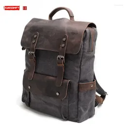 Backpack Retro Canvas Men College Style Laptop Bag Schoolbag Cotton With First Layer Crazy Horse Leather Travel Backpacks