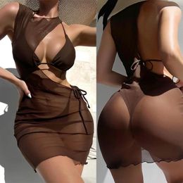 Women's Swimwear Bikini Fashion Sexy Solid Colour Hollow One-piece Swimsuit Two-piece Set