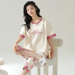 Home Clothing Pajama Girl Sweet Pink Hooded Cotton Short-sleeved Cropped Trousers A Casual Letter Printed Clothes.