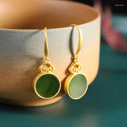 Dangle Earrings Creative Design Silver Inlaid Natural Hetian Jade Mirror Round Ancient Gold Craft Classic Chinese Style Jewellery