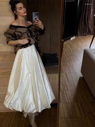 Saias Adagirl elegante vestido de bola de cetim de alta cintura A-linha maxi bolha longa feminina plissada de luxo e vestidos de noite branca