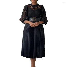 Casual Dresses Plus Size Women Lace Hollow Patchwork Pleated Skirt Sexy Elegant Belt European And American Dress Intellectual Beauty