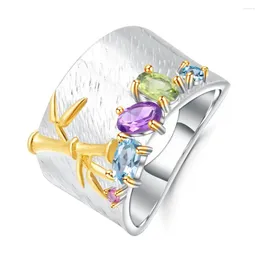 Cluster Rings Bamboo Peridot Topaz Amethyst Fashion Sterling Silver Gold Plated Finger Women