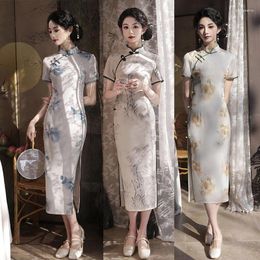 Ethnic Clothing Vintage Women Cheongsam Chinese Style Qipao Satin Floral Print Vestidos Traditional Cheongsams