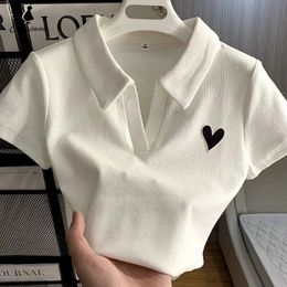 Loves Embroidery Tshirt Polo Collar Orthoshoulder Slim sweet Womens Crop Top Korean Fashion tie Simple Casual Wholesale 240510