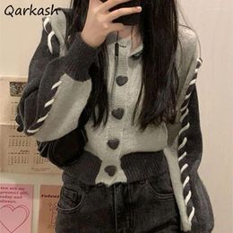 Women's Knits Patchwork Cardigan Women Panelled Button Crop Tops Korean-style Knitwear Sweet Girls All-match Trendy Leisure Gentle