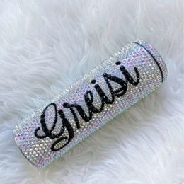 Custom Name Tumbler AB Rhinestone Stainless Steel Water Bottle 20oz Bling Thermos Skinny Personalised Tumbler with Straw Gifts 240507