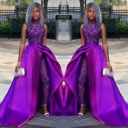 Classic Jumpsuits Prom Dresses With Detachable Train High Neck Lace Appliqued Bead Evening Gowns Luxury African Party Women Pant Suits 3095