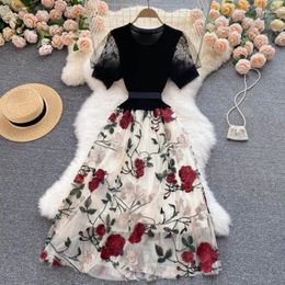 Party Dresses Embroidery Lace Knitting Patchwork Elegant Women Dress Ribbon Bowknot Short Sleeve O-neck Summer 2024 Gowns