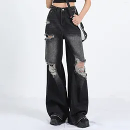 Women's Jeans High Street Black Summer Oversized Straight Hole Breaking Pants Loose Peplum Dragging Wide Leg Vintage