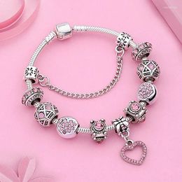 Charm Bracelets Romantic Pink Crystal Fashion Couple Bracelet Silver Color Heart Bead Lovers Gift Pulsera Pareja
