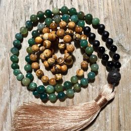 Beaded Necklaces 8mm Moss agate gem picture stone 108 Jumala necklace Xizang Yoga wristband praying for Buddhist classic spirituality d240514