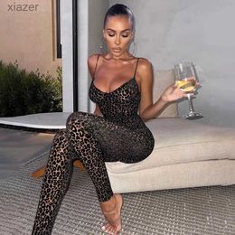 Women's Jumpsuits Rompers V-neck leopard print tight fitting vest jumpsuit for womens mesh soft cushion low cut sleeveless sexy tight fitting jumpsuit WX