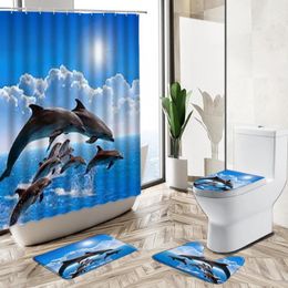 Shower Curtains 3D Ocean Design Dolphin Whale Animal Curtain Sea Scenery Decor Non-Slip Bath Mat Toilet Cover Flannel Bathroom Carpet Set
