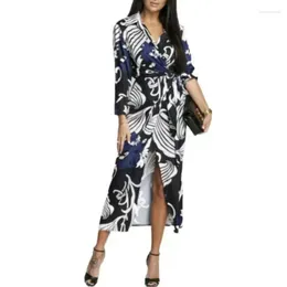 Casual Dresses Women Shirt Dress Autumn Turn-down Collar Single Breasted Button Lace Up Irregular Long Female Sexy Print Maxi