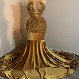 Sparkly Golden Velvet Beading Sequins Mermaid Prom Dresses 2023 For Black Girls Sheer Neck Formal Party Dress Robes De Bal 302N